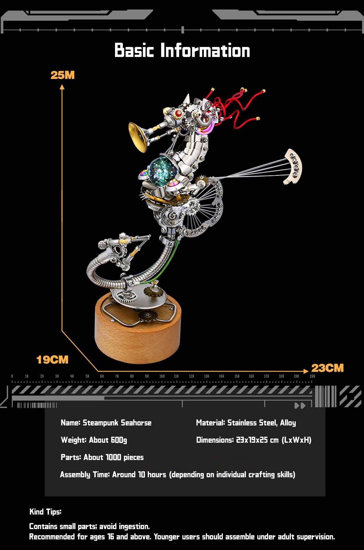 Cyberpunk Seahorse with Music Box Deep-sea 3D Metal Puzzle Mechanical Assembly Model Kit 1000+PCS