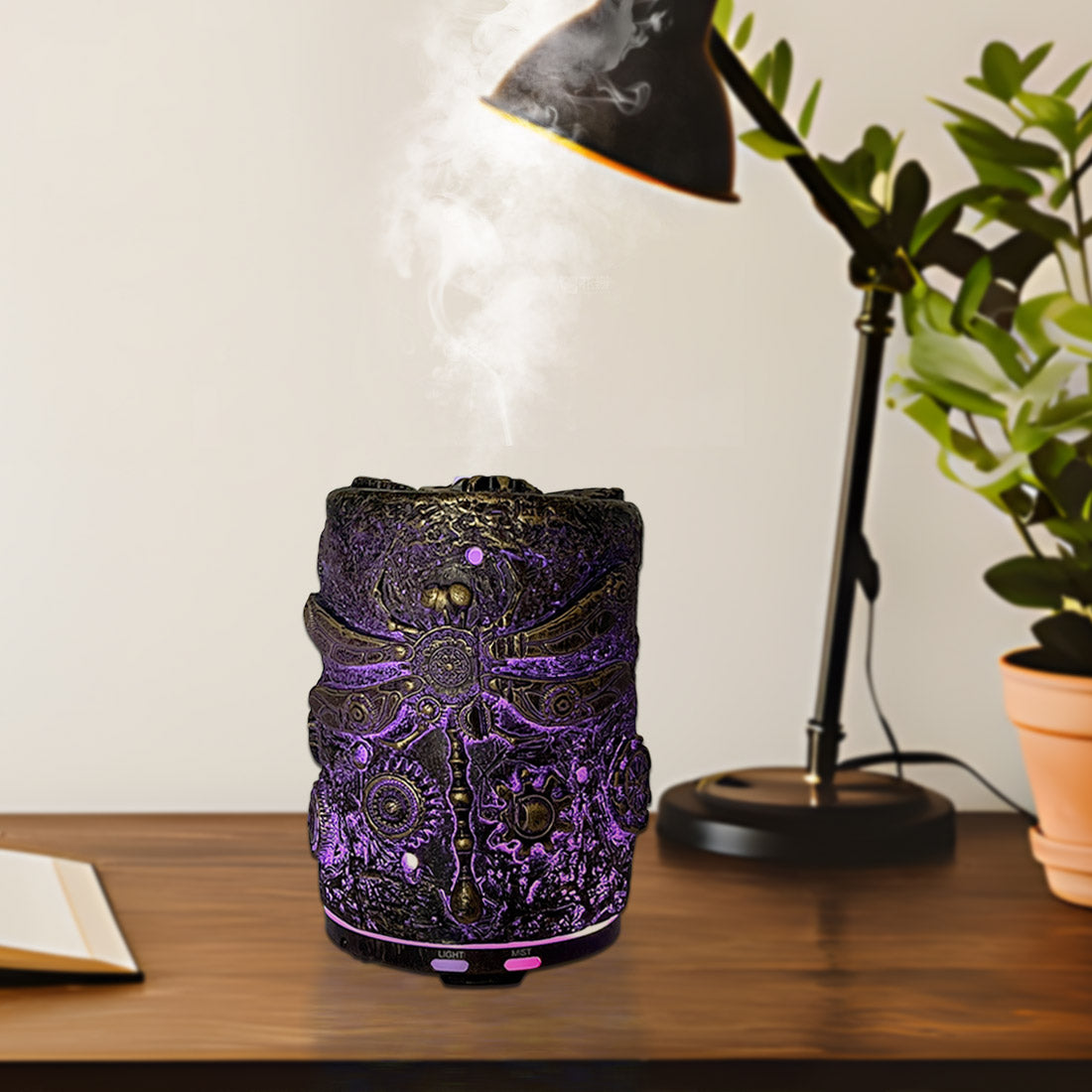 Steampunk Essential Oil Diffuser with Vintage Fossil Dragonfly Pattern