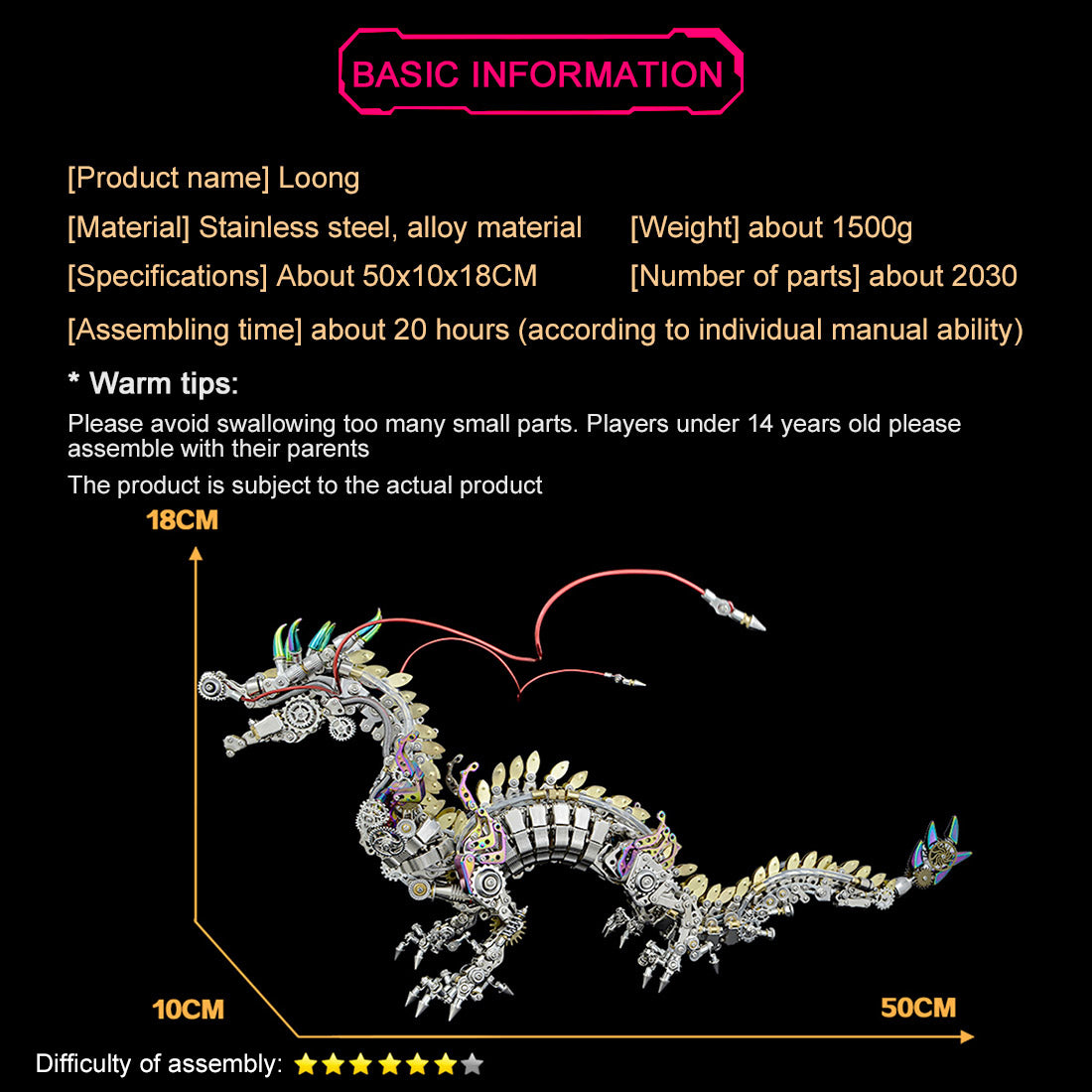 2030+PCS Punk Mechanical Metal Large Dragon Model Kit Difficult Puzzle 50cm