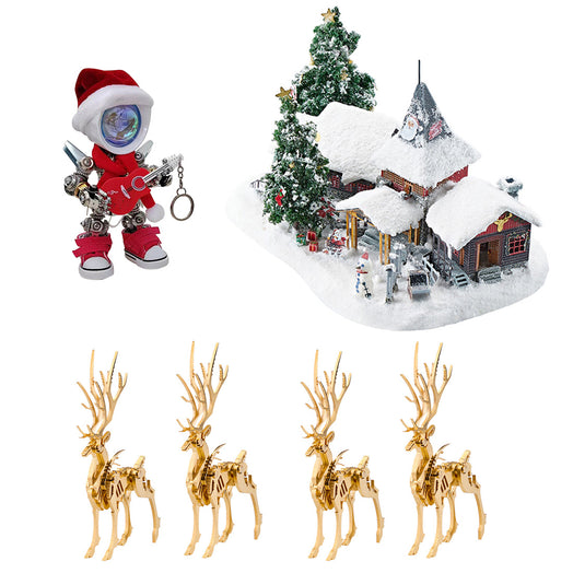 Christmas Bundle Santa Claus with Golden Elk Winter Village Sets 3D Metal Puzzles